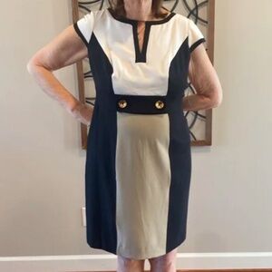 NWT Dress Barn Career-wear black white and Beige slimming color block dress 14W